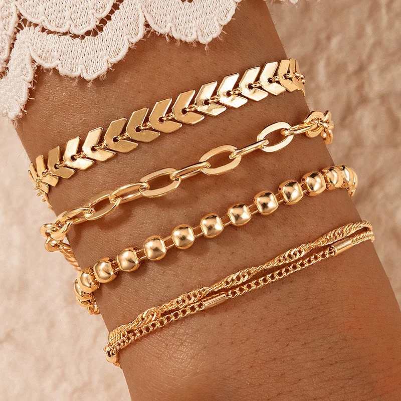 women’s matching bangles-Simple Thick Chain Geometric Leaf Airplane Bracelet 4 Piece Set