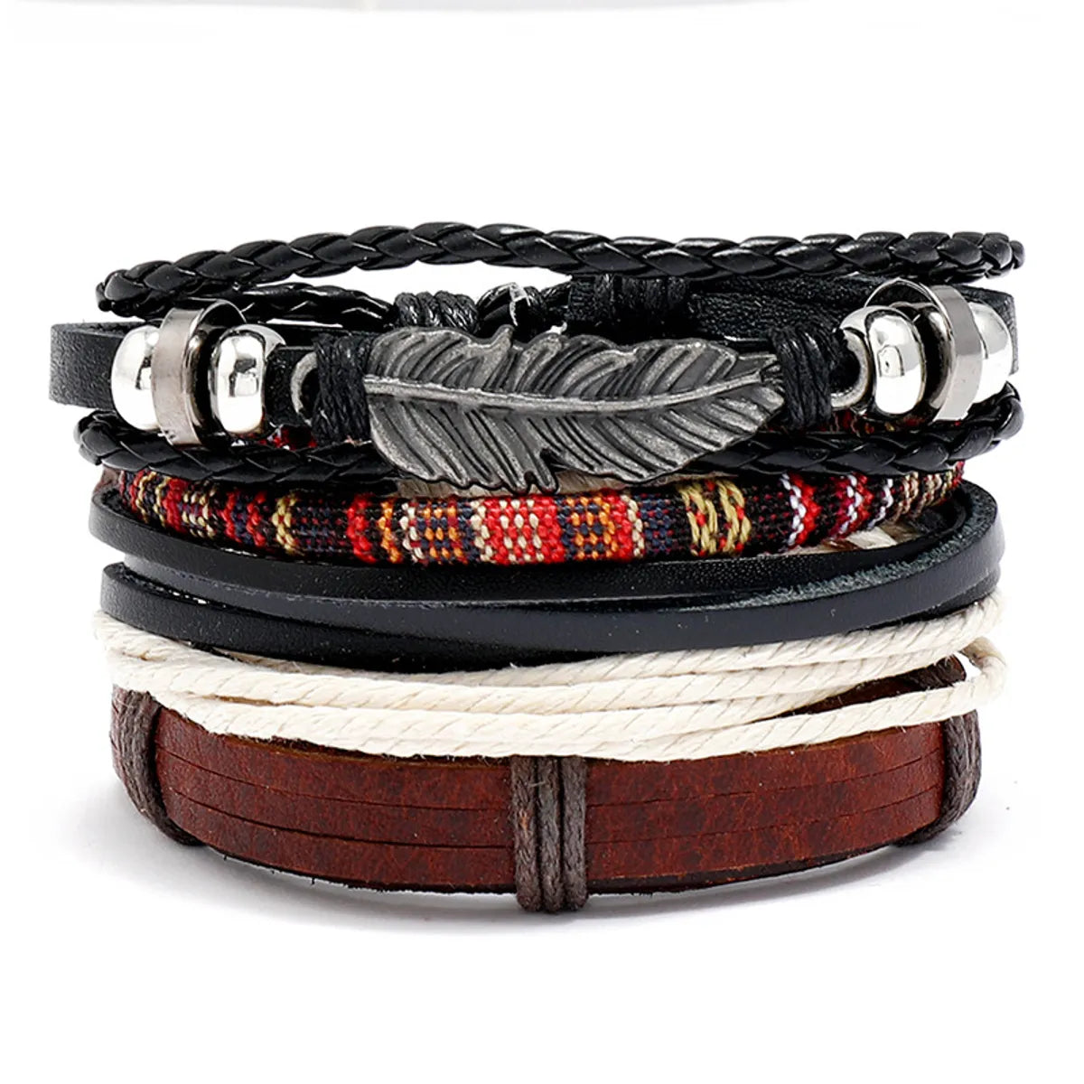 women’s rose gold bracelets-Fashion Jewelry Hand-woven Retro Cowhide Bracelet Diy Four-piece Bohemian Combination Bracelet