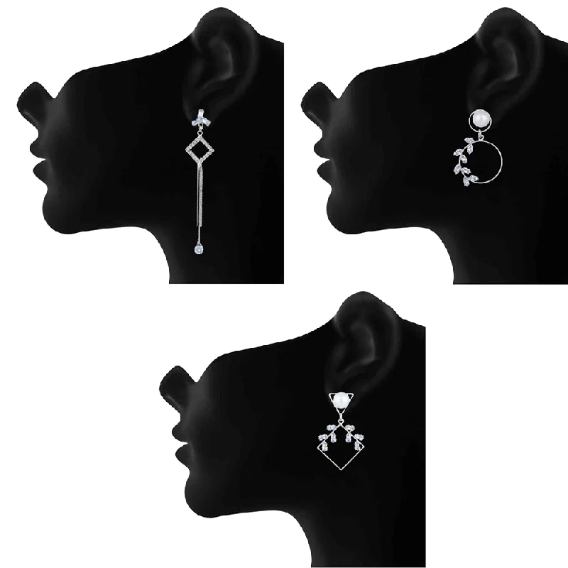 women’s personalized earrings-Mahi Combo of 3 Rhodium Plated Long Dangle Earrings for Women (VERCO001051)