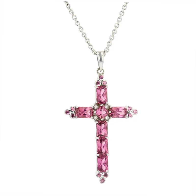 women’s antique-style necklaces-women’s antique-style necklaces-18K White Gold Pink Tourmaline and Diamond Cross Necklace