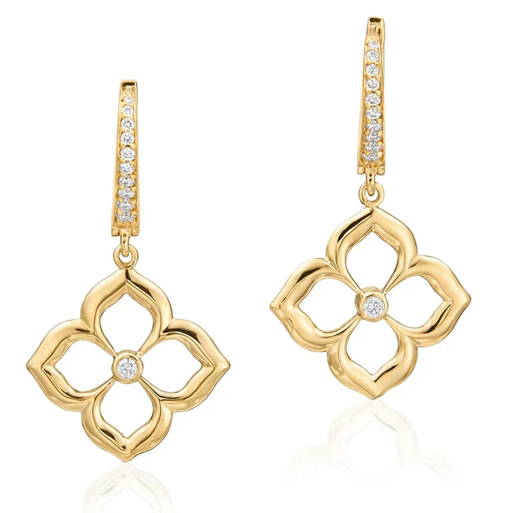 women’s radiant earrings-Diamond Lotus Fleur Drop Earrings in 18K Yellow Gold