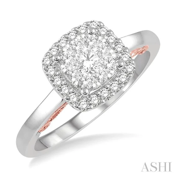 women’s statement rings-1/2 Ctw Cushion Shape Lovebright Round Cut Diamond Ring in 14K White and Rose Gold