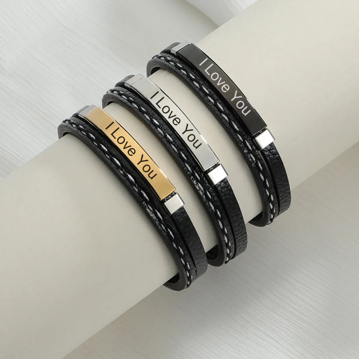 women’s stylish bracelets-Fashion Geometric Stainless Steel Pu Leather Patchwork Unisex Bangle