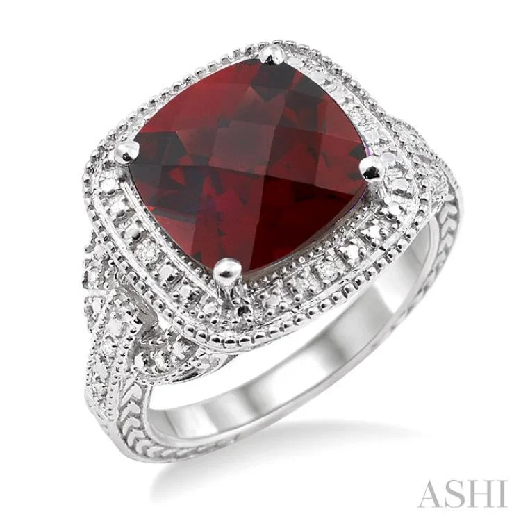 women’s plain gold rings-10x10mm Cushion Cut Garnet and 1/20 Ctw Single Cut Diamond Ring in Sterling Silver