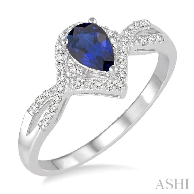 women’s plain rings-6x4 MM Sapphire and 1/6 Ctw Round Cut Diamond Ring in 14K White Gold