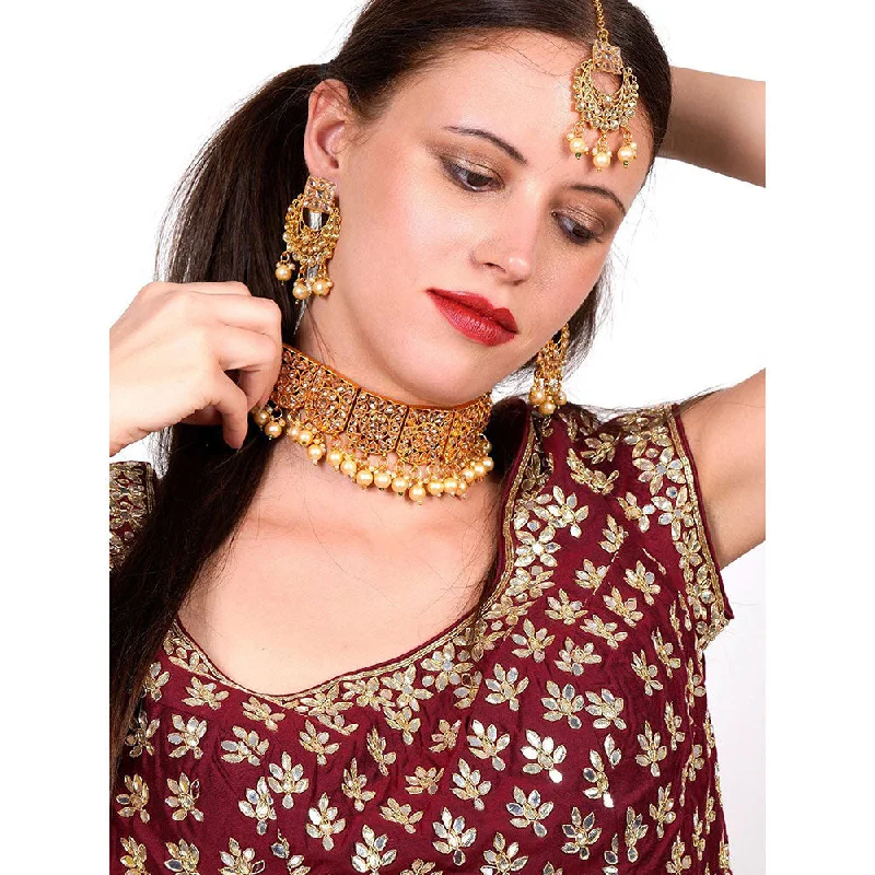 women’s engraved necklaces-women’s engraved necklaces-Odette Gold semiprecious kundan & pearl necklace with earrings & maang teeka