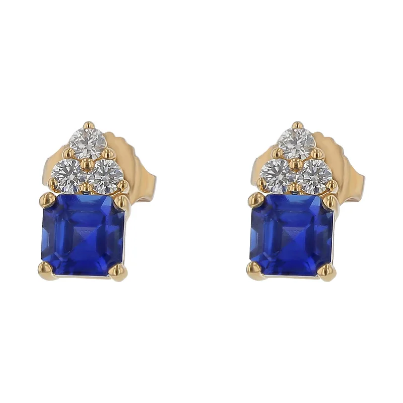 women’s stud earrings-1.56ct 5mm Asscher Sapphires (H) 0.24ct Full Cut Diamonds Earrings in 18k Yellow Gold