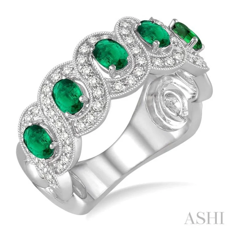 women’s trendy rings-4x3 MM Oval Cut Emerald and 1/2 Ctw Round Cut Diamond Ring in 14K White Gold