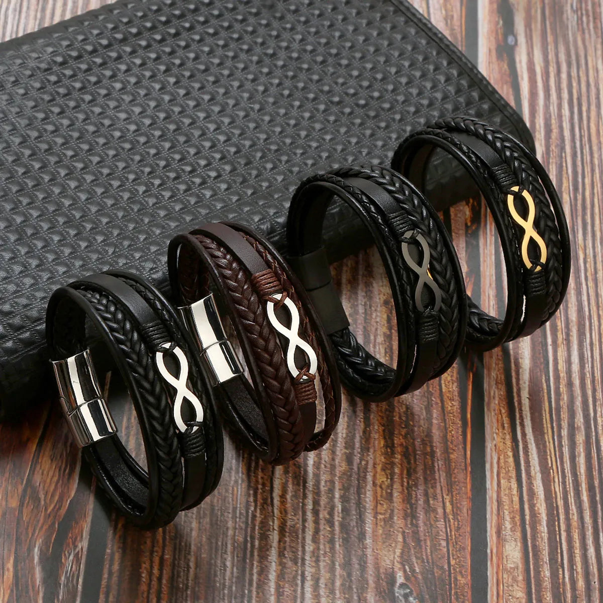 women’s double-layer bracelets-Retro Number Leather Titanium Steel Braid Men'S Bangle