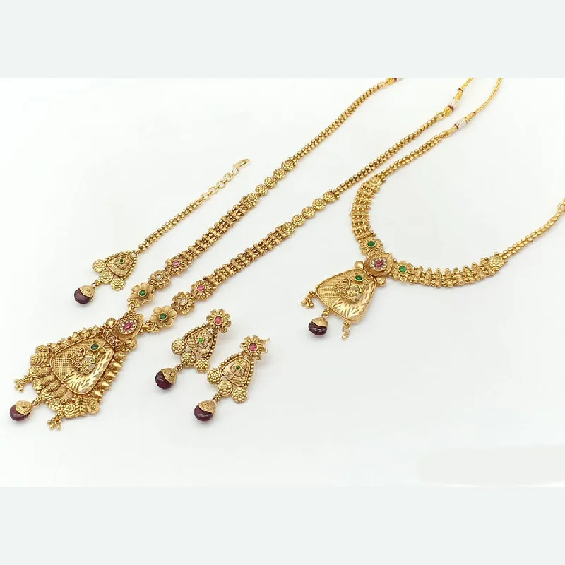 women’s anniversary necklaces-women’s anniversary necklaces-Rani Sati Jewels Gold Plated Pota Stone Double Necklace Set