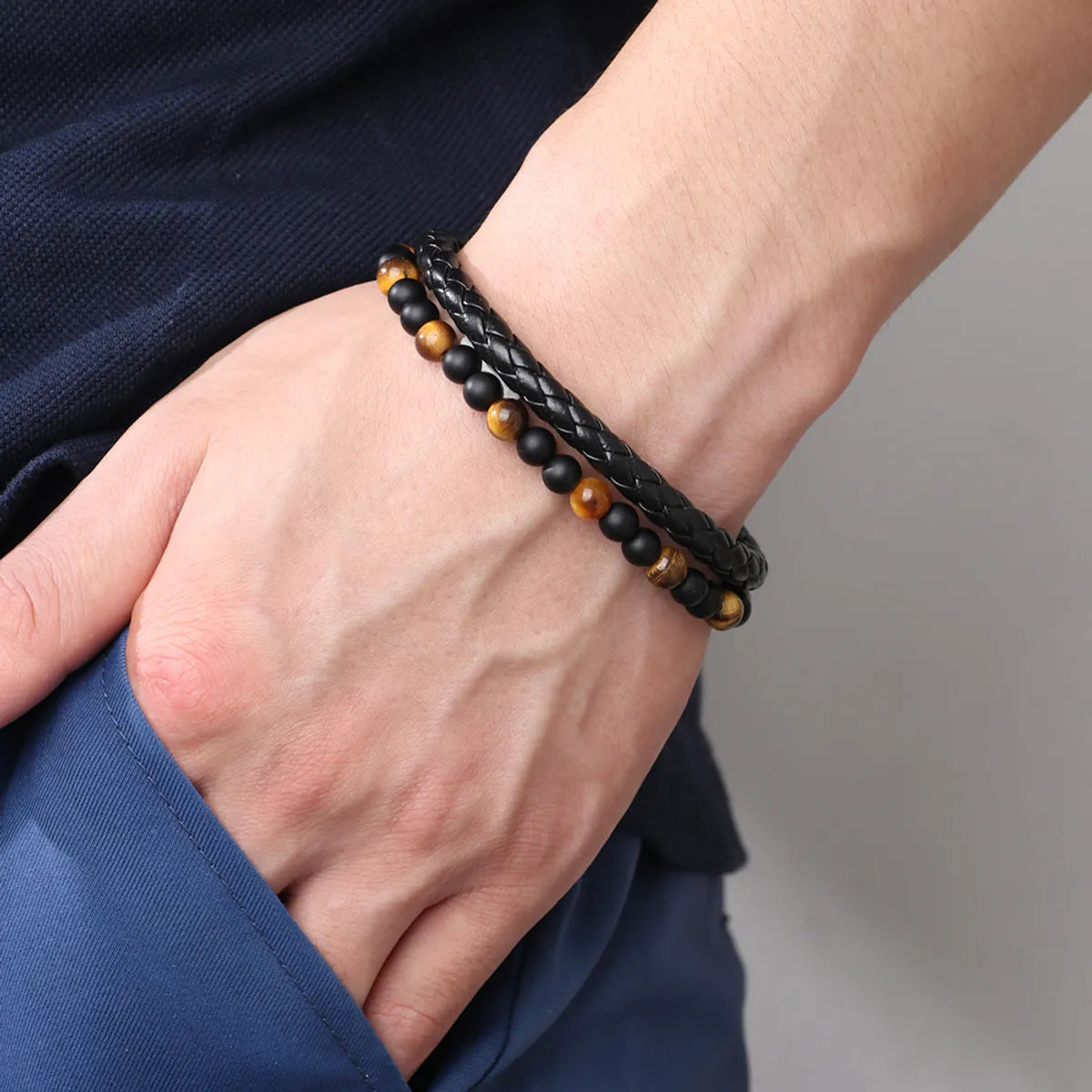 women’s unique bracelets-Fashion Stone Pu Leather Alloy Tiger Eye Knitting Natural Stone Unisex Bracelets