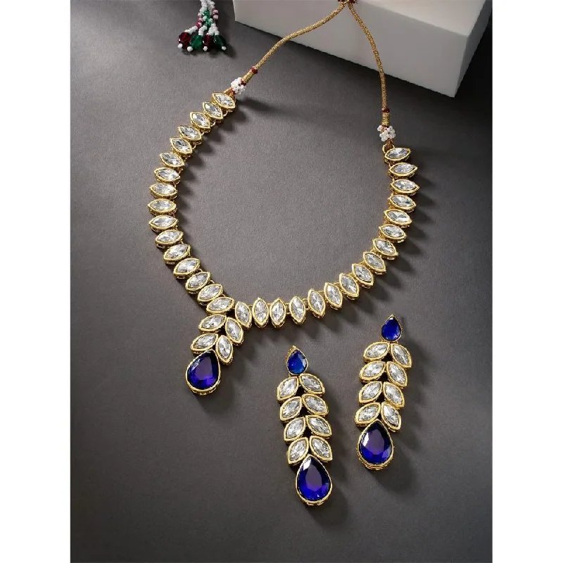 women’s gemstone necklaces-women’s gemstone necklaces-Etnico Gold Plated Traditional Blue Stone Studded Necklace Jewellery Set with Dangle Earrings For Women and Girls (IJ364Bl)