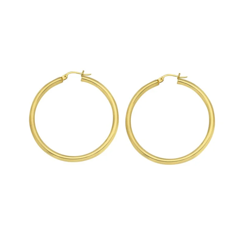 women’s pearl stud earrings-Round Tube Polished Hoop Earrings in 14K Yellow Gold, 3x25mm