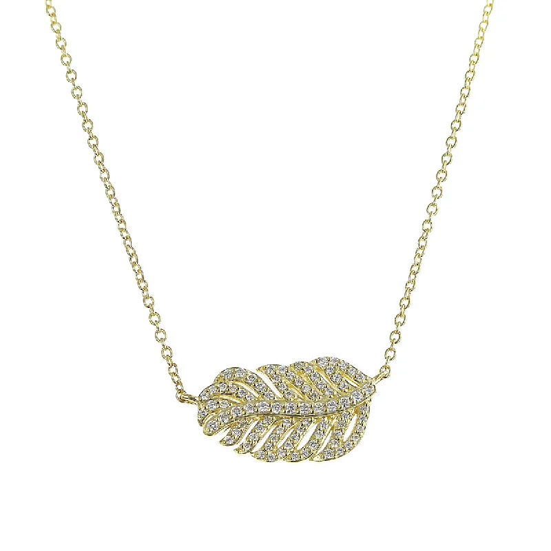 women’s bar necklaces-women’s bar necklaces-18K Yellow Gold Diamond Feather Pendant Necklace