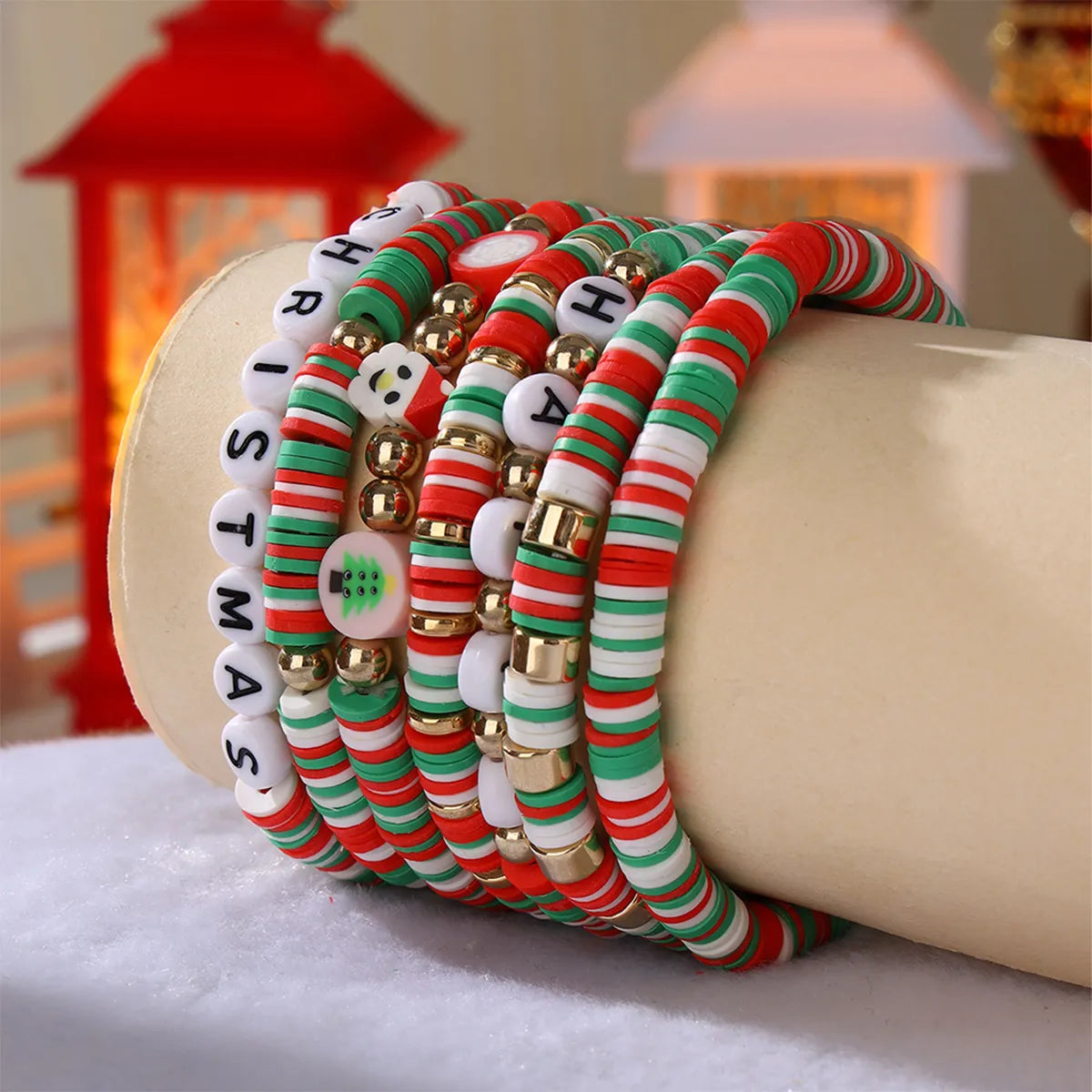 women’s engraved bangles set-Sweet Christmas Tree Santa Claus Letter Soft Clay Beaded Christmas Women's Bracelets