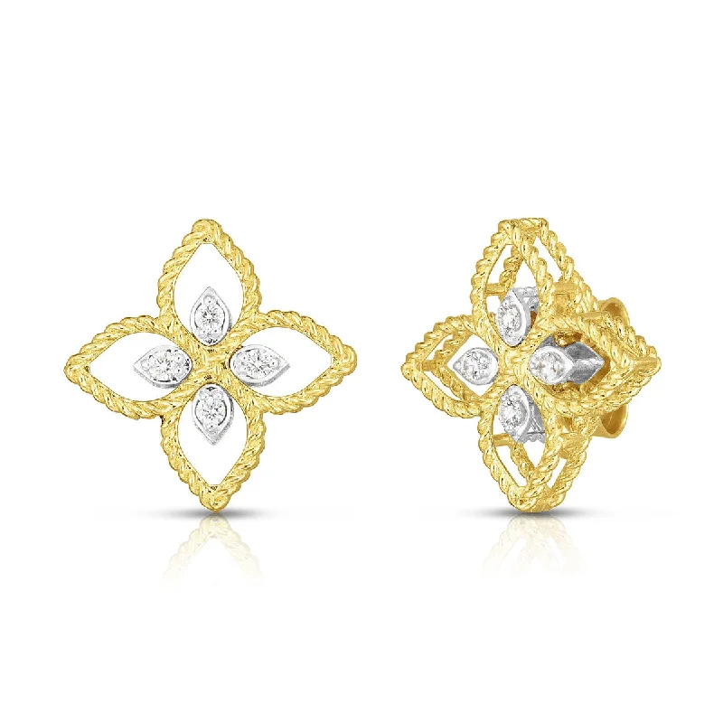 women’s ruby earrings-Principessa Diamond Flower Stud Earrings in 18K Yellow Gold