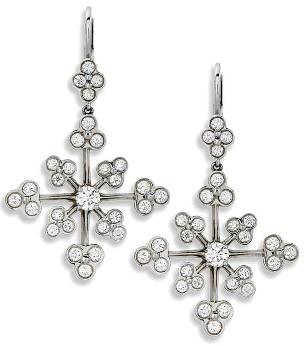 women’s small stud earrings-PLATINUM 2 RB DIAMONDS=0.33CTS AND 56 FULL CUT DIAMONDS=1.50CTS LACE SNOWFLAKE DESIGN DROP EARRINGS