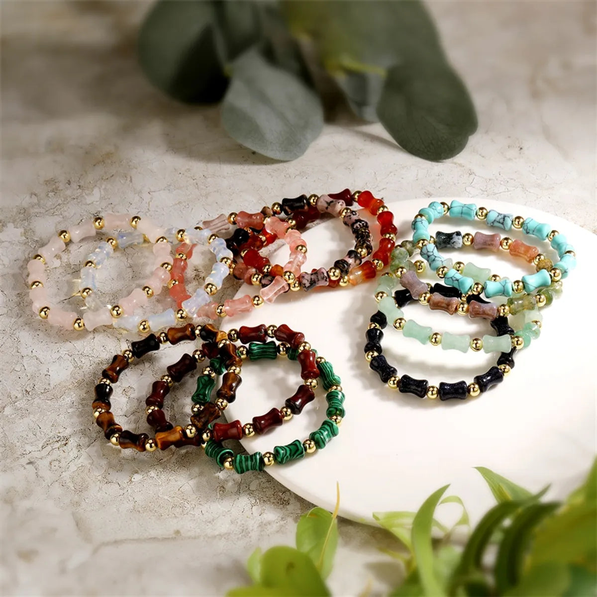 women’s simple cuff bangles-Ethnic Style Round Bamboo Natural Stone Beaded Unisex Bracelets