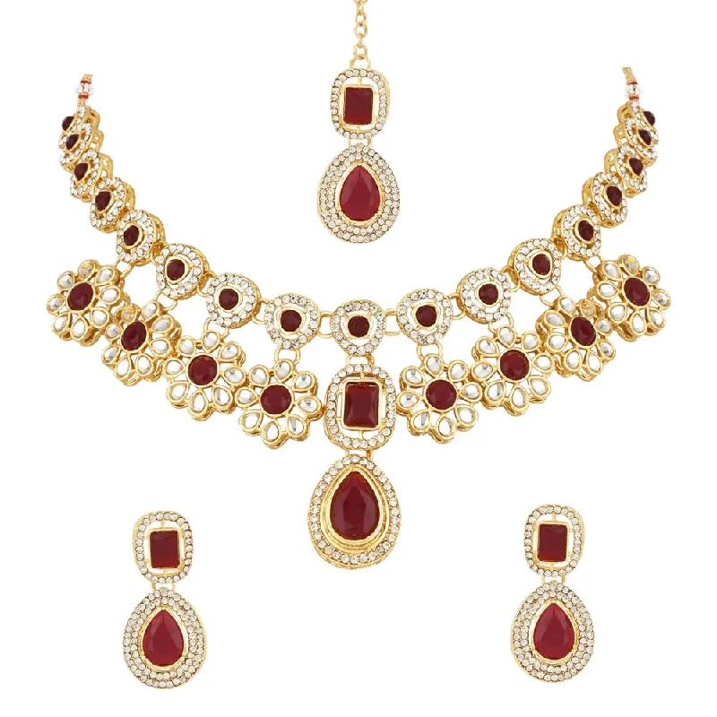 women’s diamond pendant necklaces-women’s diamond pendant necklaces-Etnico Stylish Gold Plated Traditional Kundan Stone Necklace Jewellery Set for Women/Girls (IJ377M)