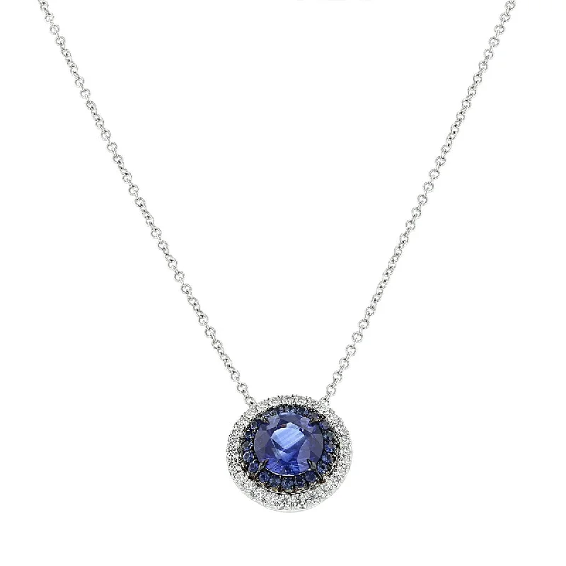 women’s solitaire pendant necklaces-women’s solitaire pendant necklaces-18K White Gold Sapphire and Diamond Halo Necklace