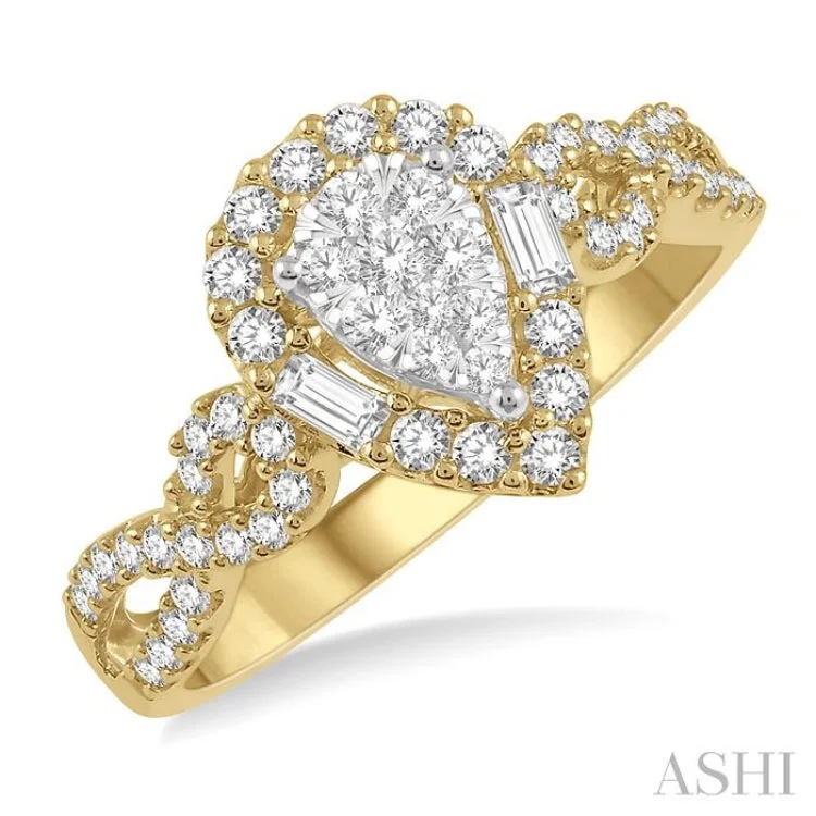 women’s cocktail rings-1/2 Ctw Pear Shape Bow Shank Lovebright Round and Baguette Diamond Ring in 14K Yellow and White gold