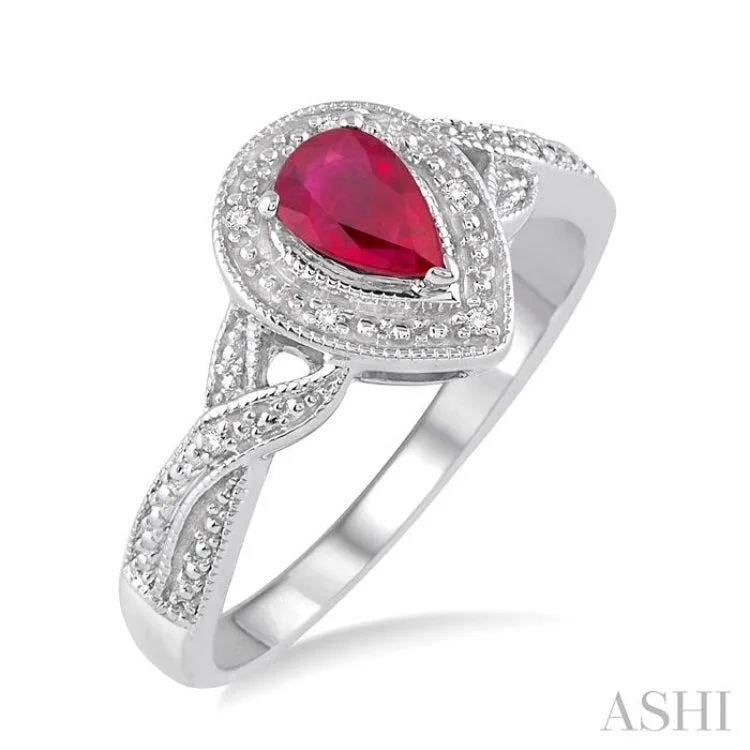 women’s luxury diamond rings-6x4 mm Pear Shape Ruby and 1/50 Ctw Round Cut Diamond Ring in Sterling Silver