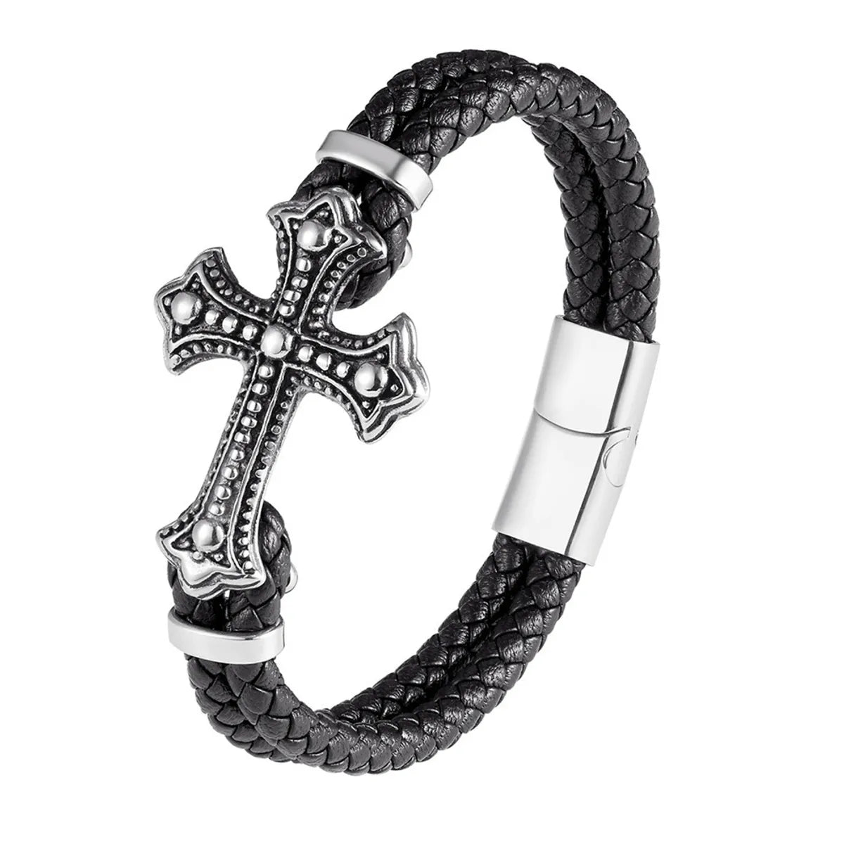 Leather cord bracelet-Cross Silver #1