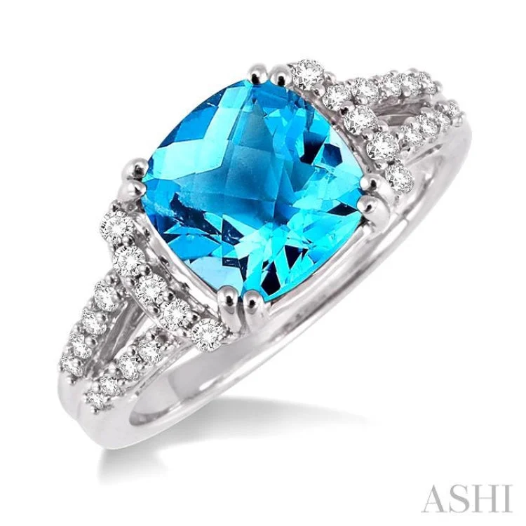 women’s art deco rings-8x8MM Cushion Cut Blue Topaz and 1/4 Ctw Round Cut Diamond Ring in 14K White Gold