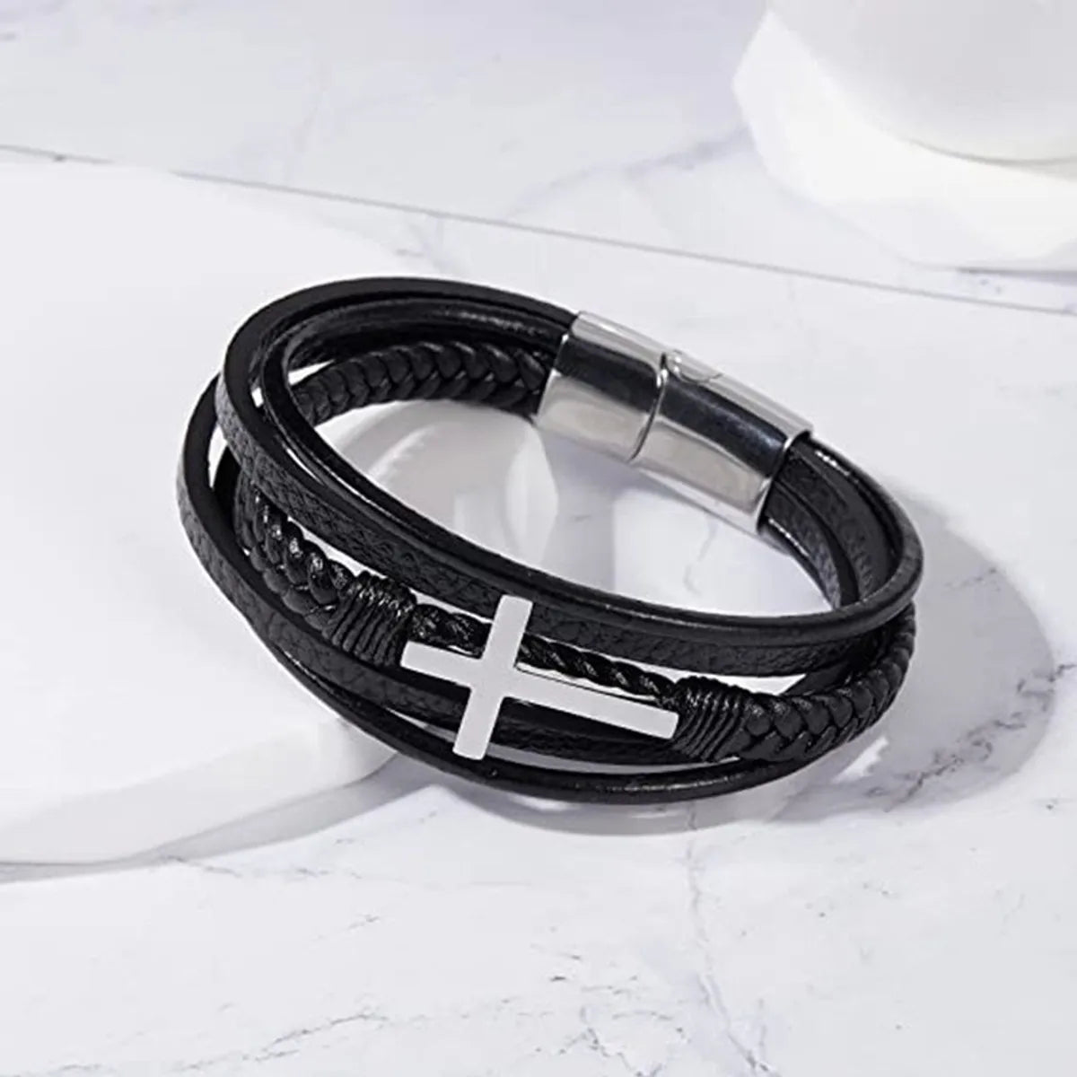 Leather cord bracelet-Cross Silver #2