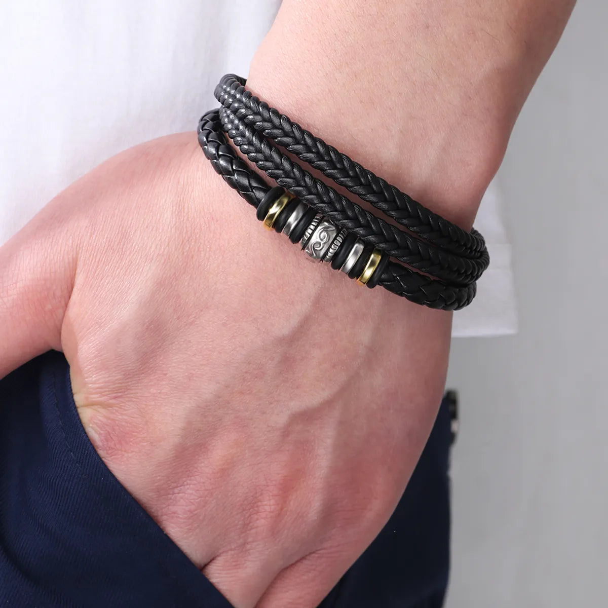 women’s silver bracelets-Hip-Hop Totem Symbol Pu Leather Alloy Knitting Men'S Wristband