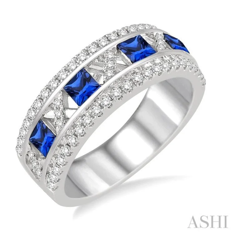 women’s geometric rings-3x3 MM Princess Cut Sapphire and 3/8 Ctw Round Cut Diamond Ring in 14K White Gold