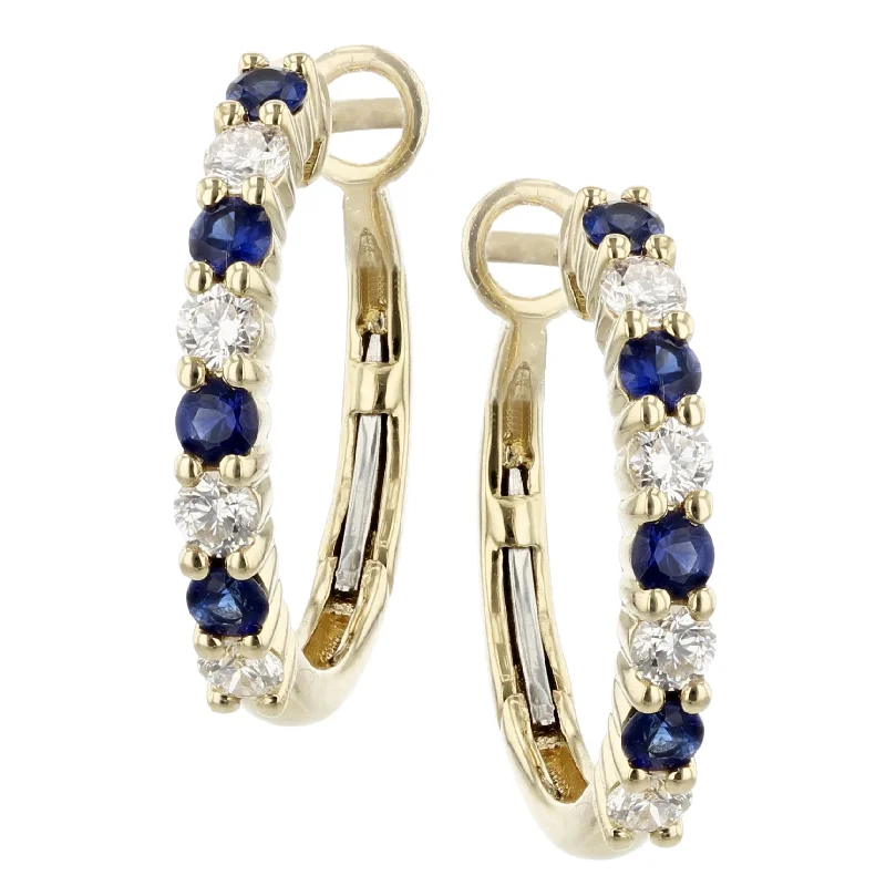 women’s simple stud earrings-14KY 8 FULL CUT=0.40CT AND 8 ROUND HEATED SAPPHIRE=0.64CT ALTERNATING SHARED PRONG HOOP EARRINGS