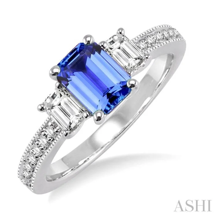 women’s fashion statement rings-7x5 MM Octagon Cut Tanzanite and 1/2 Ctw Round Cut Diamond Ring in 14K White Gold