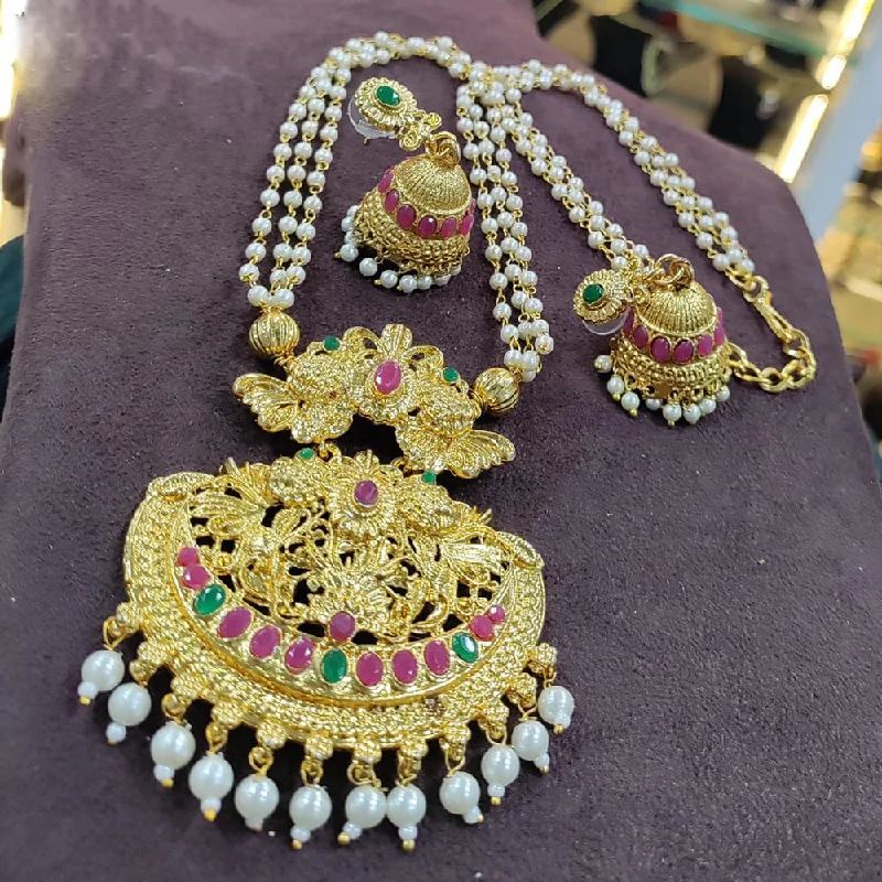 women’s bridal necklaces-women’s bridal necklaces-Kavita Art Gold Plated Pota Stone And Pearl Long Necklace Set