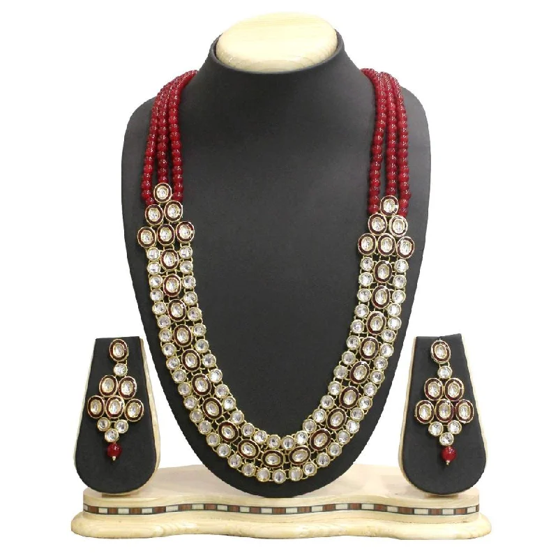 women’s birthstone pendant necklaces-women’s birthstone pendant necklaces-Etnico Gold Plated Traditional Stunning Maroon Meenakari Kundan Studded Pearl Necklace Jewellery Set with Earrings For Women and Girls (IJ366M)