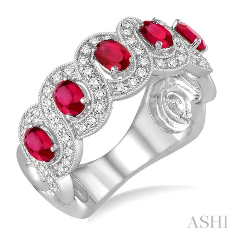 women’s minimal rings-4x3 MM Oval Cut Ruby and 1/2 Ctw Round Cut Diamond Ring in 14K White Gold