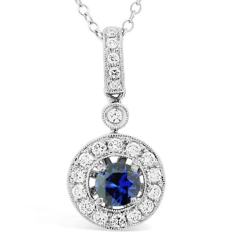 women’s pendant necklaces-women’s pendant necklaces-18K White Gold Sapphire and Diamond Halo Pendant Necklace