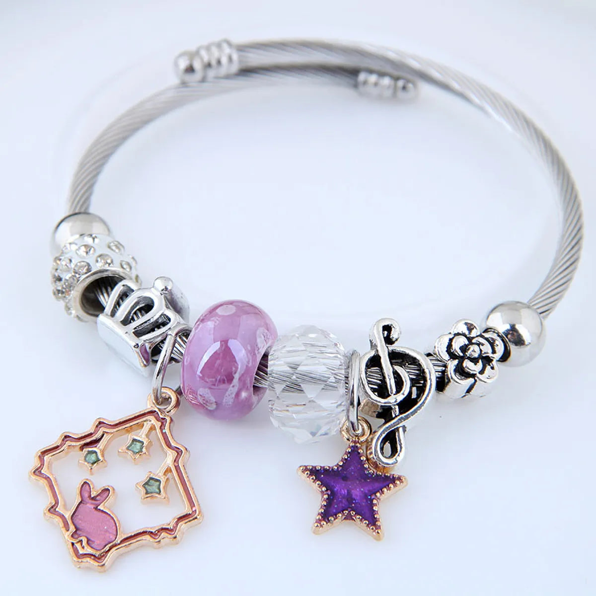 women’s wedding bracelets-Cute Pentagram Crown Notes Steel Bangle Beaded Stainless Steel Bracelets