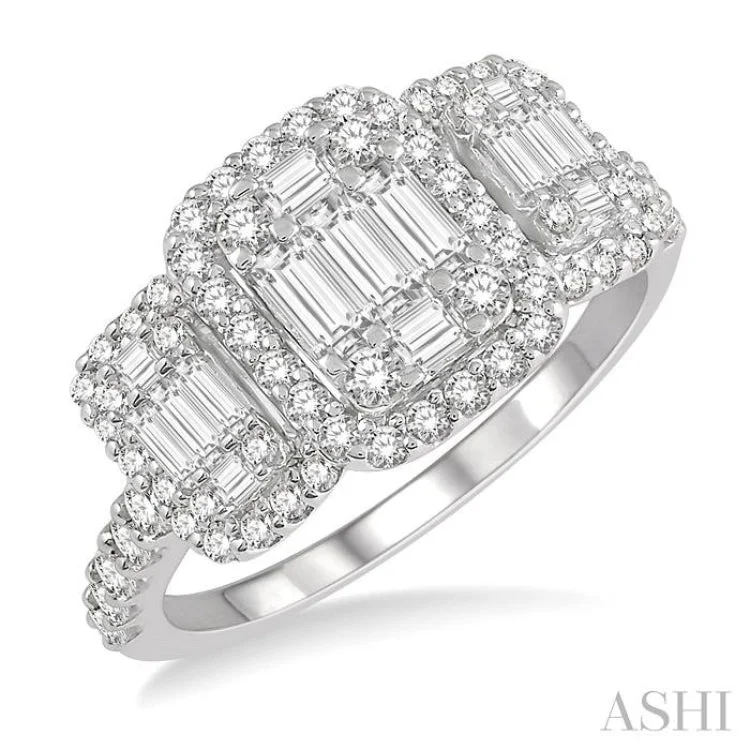 women’s rose cut rings-1 1/6 Ctw Triple Mount Baguette & Round Cut Fusion Diamond Ring in 14K White Gold