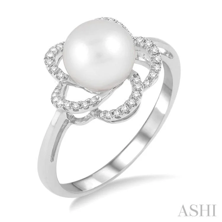 women’s halo diamond rings-7x7MM Cultured Pearl and 1/10 Ctw Diamond Ring in 14K White Gold