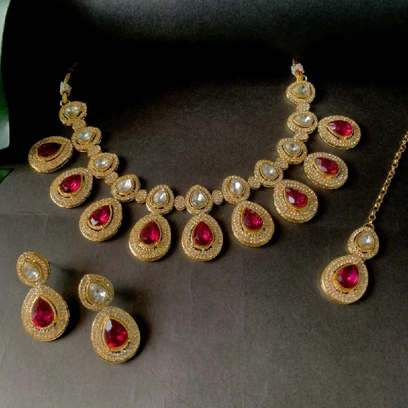 women’s star-shaped necklaces-women’s star-shaped necklaces-Etnico Gold Plated Traditional Kundan & Stone Studded Choker Necklace Jewellery Set with Earrings & Maang Tikka for Women And Girls (IJ371Q)