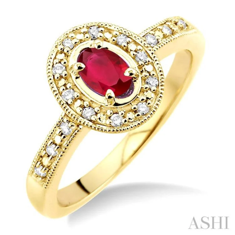 women’s bridal rings-5x3mm oval cut Ruby and 1/10 Ctw Single Cut Diamond Ring in 14K Yellow Gold.