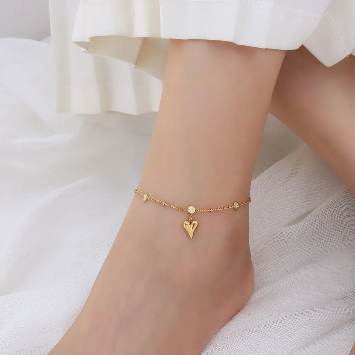 women’s stylish bracelets-Peach Heart Titanium Steel Plated 18k Gold Zircon Anklet Wholesale Jewelry Gooddiy