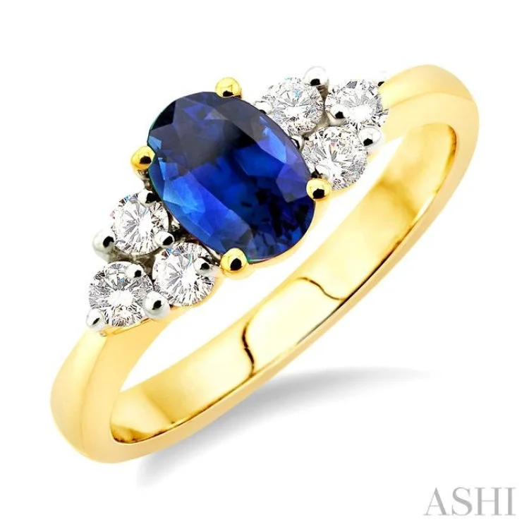 women’s heart-shaped rings-7x5mm Oval Cut Sapphire and 1/3 Ctw Round Cut Diamond Ring in 14K Yellow Gold