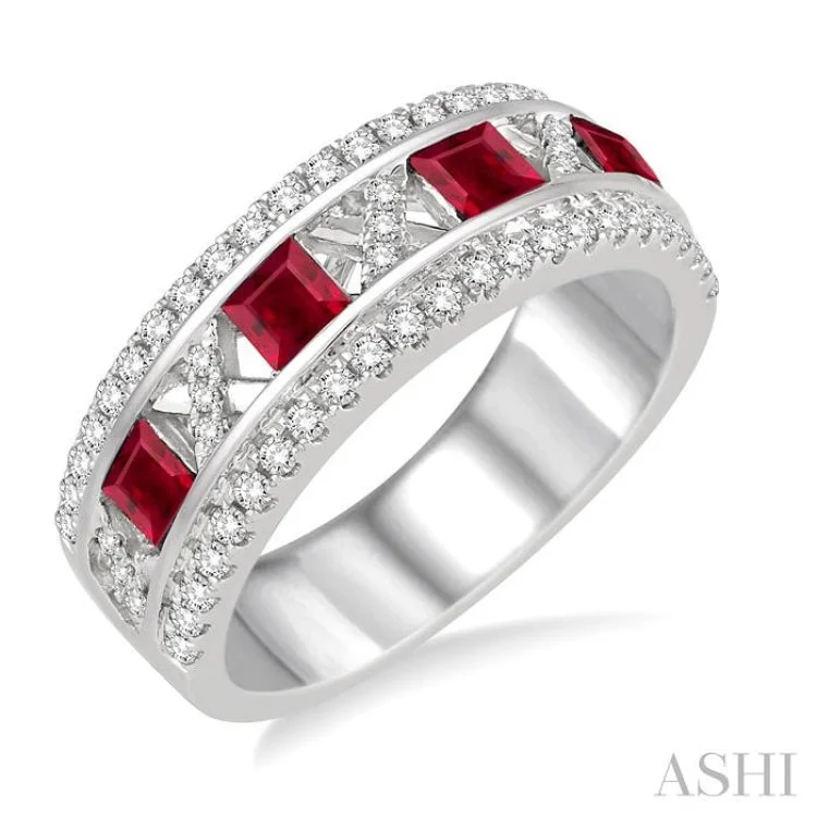 women’s simple rings-3x3 MM Princess Cut Ruby and 3/8 Ctw Round Cut Diamond Ring in 14K White Gold