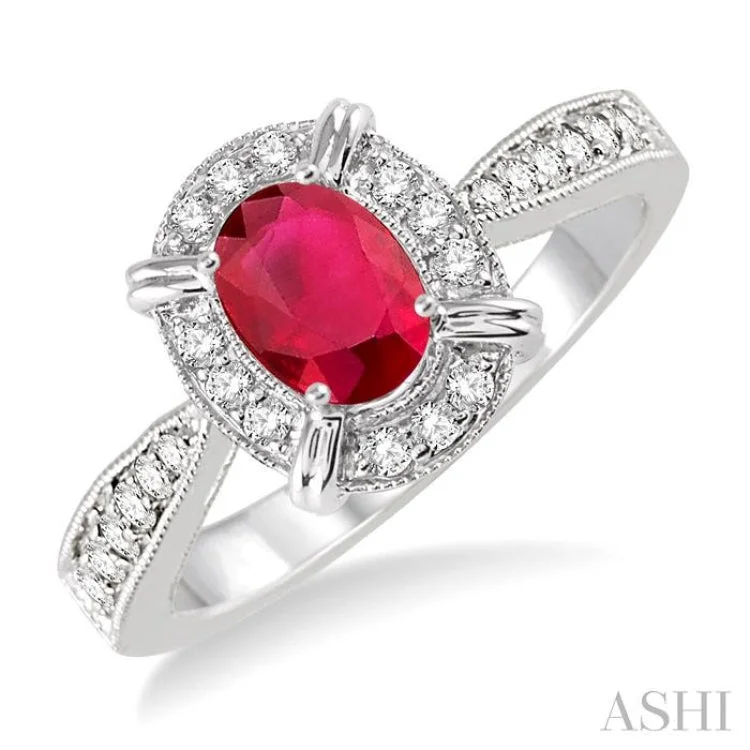 women’s rose cut rings-6x4 MM Oval Shape Ruby and 1/6 Ctw Single Cut Diamond Ring in 10K White Gold