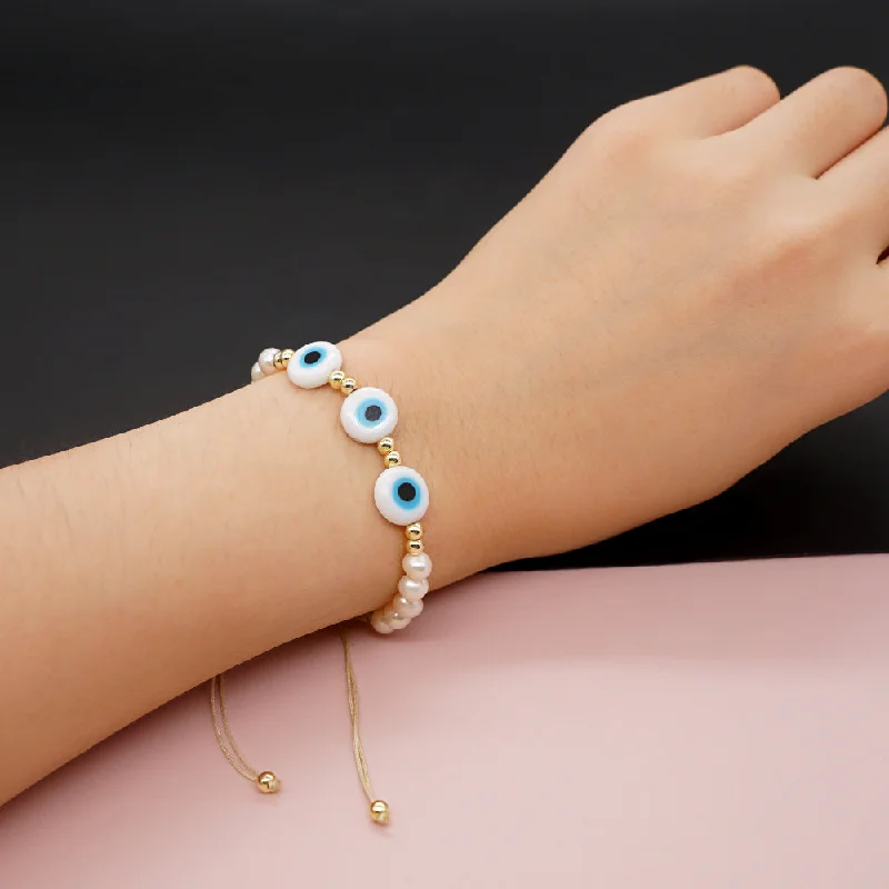 women’s vintage bangles-New Freshwater Pearl Glass Devil's Eye Stacking Small Bracelet