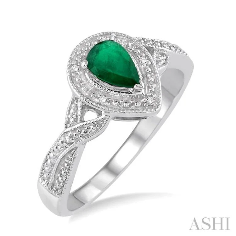 women’s high-end rings-6x4 mm Pear Shape Emerald and 1/50 Ctw Round Cut Diamond Ring in Sterling Silver