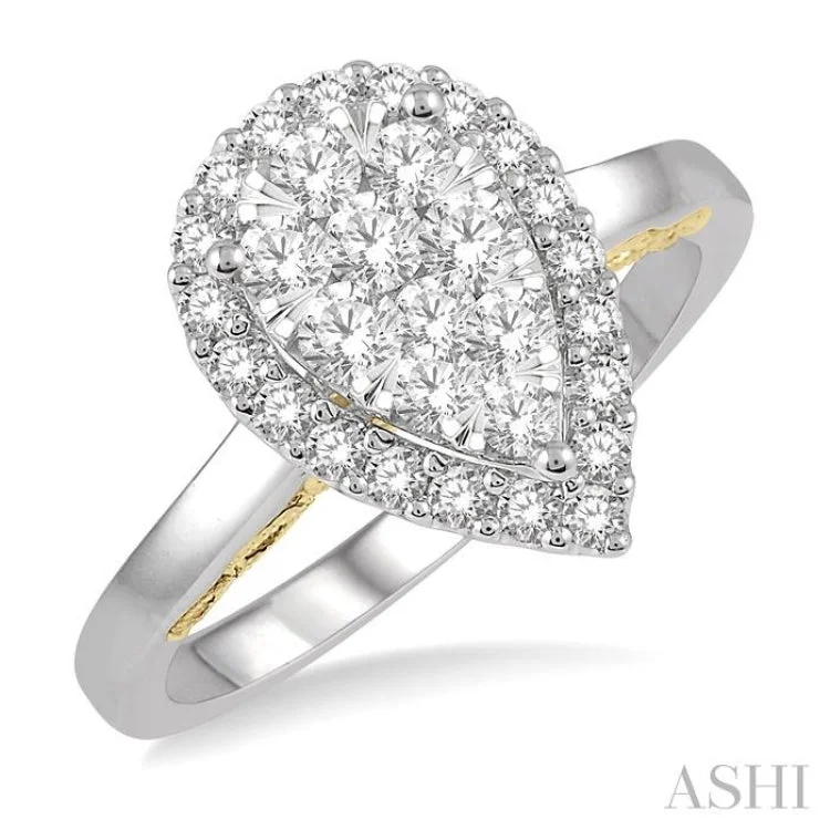 women’s statement rings-3/4 Ctw Pear Shape Lovebright Round Cut Diamond Ring in 14K White and Yellow Gold