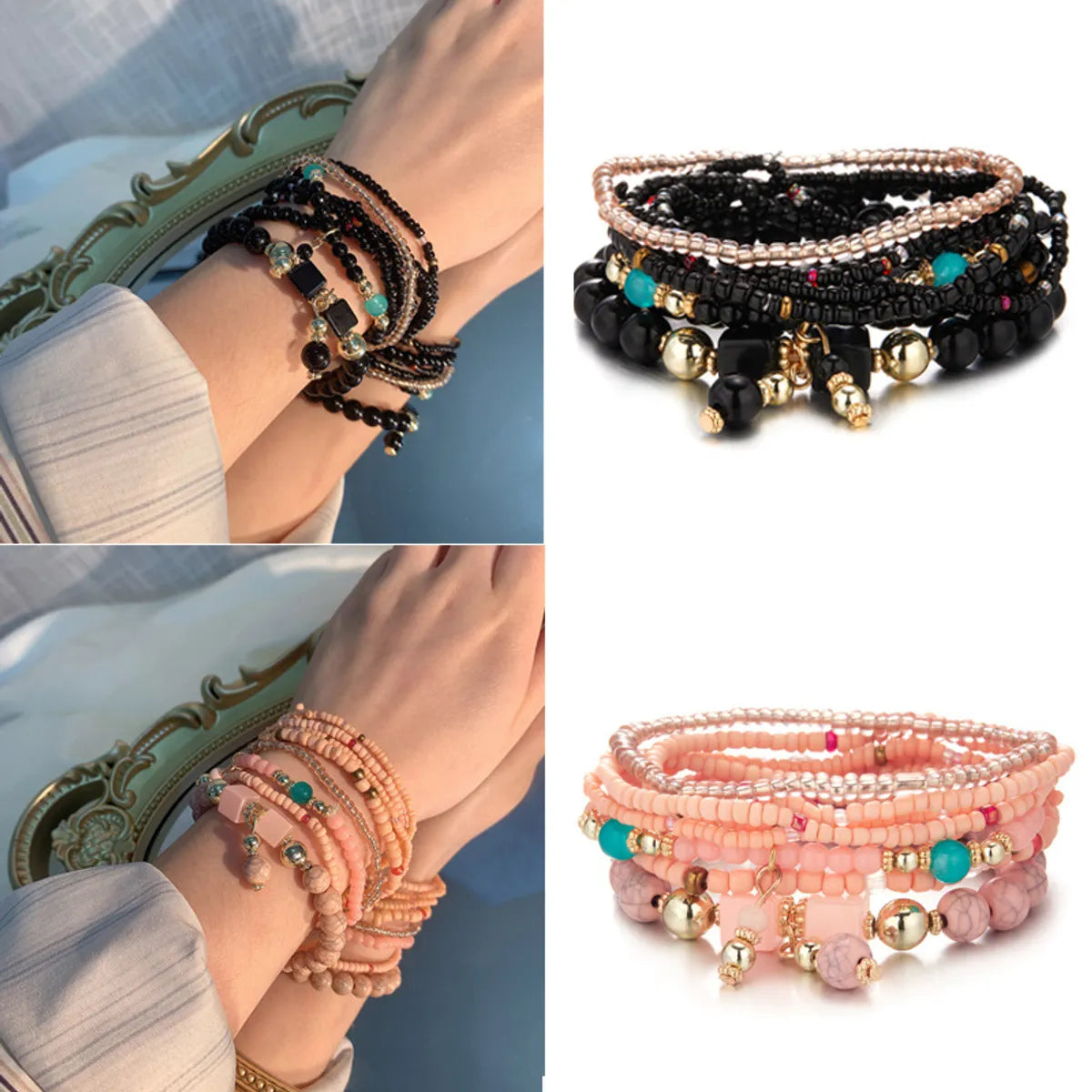 women’s hammered bangles-Vacation Round Beaded Alloy Natural Stone Women's Bracelets